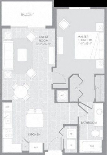 Floor plan for 1 bed, 1 bath, 776 sqft